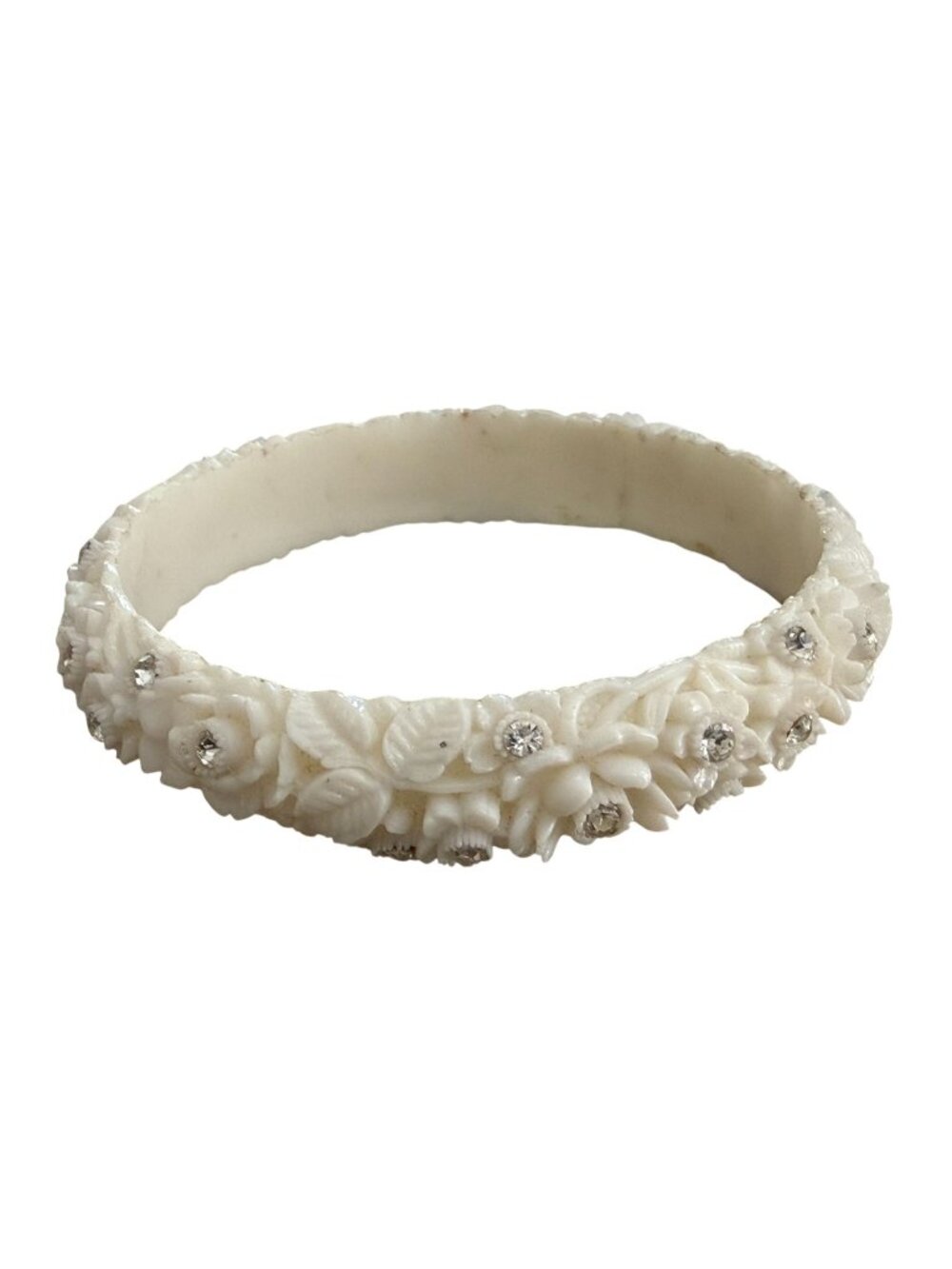 Vintage Carved White Floral Bangle Bracelet Rhinestone Accents Celluloid 1940s 5